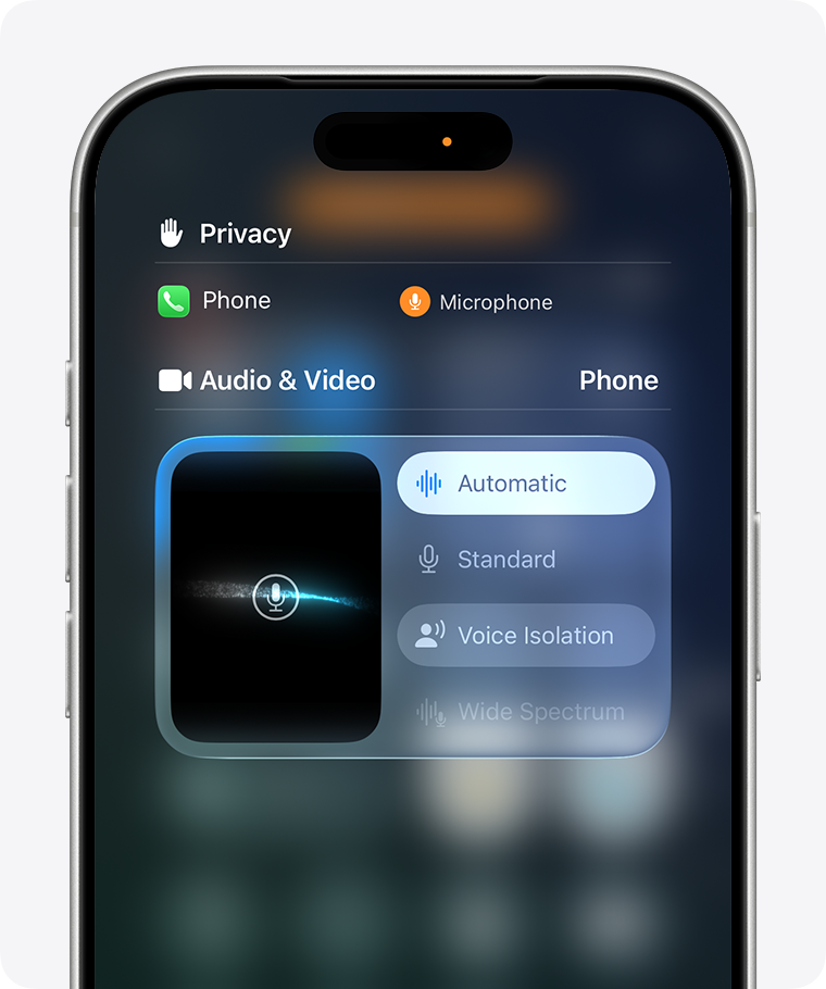 iPhone Control Center audio controls showing Mic Mode options