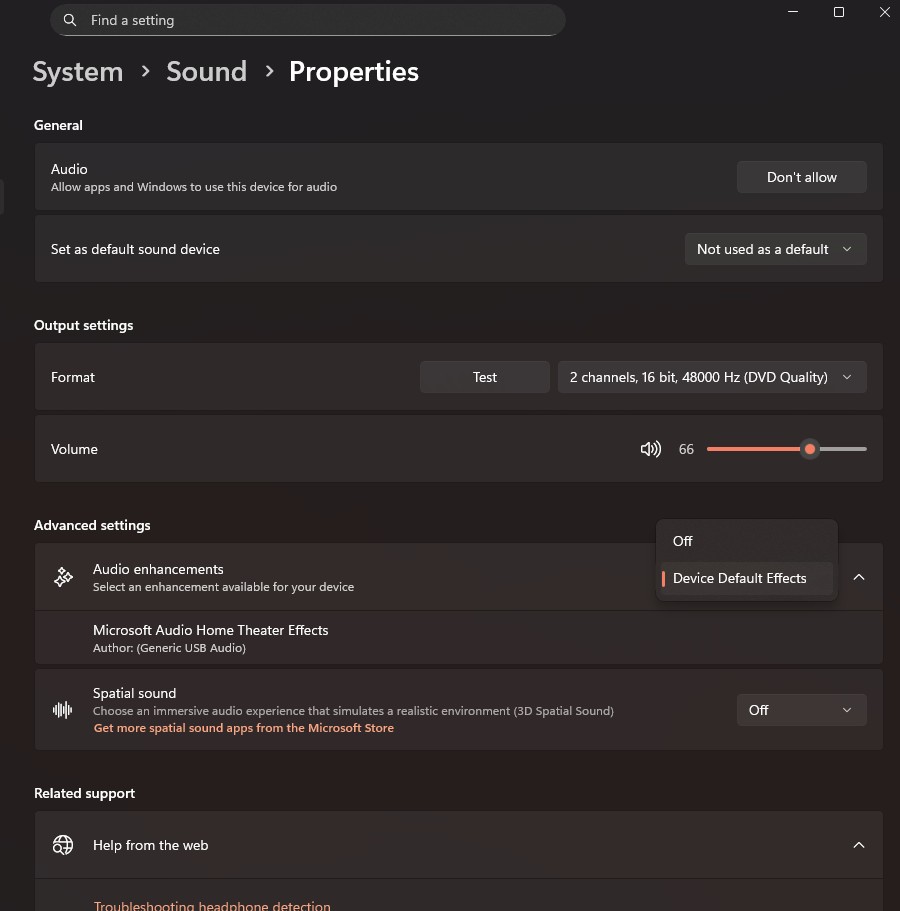 Windows sound settings showing the Audio enhancements option